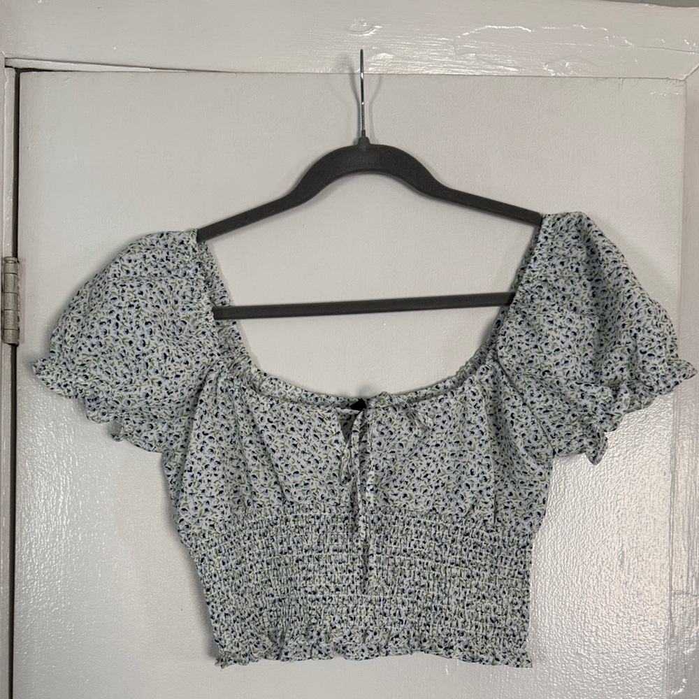 H&M Floral Puff Sleeve Blouse - Blue/Green